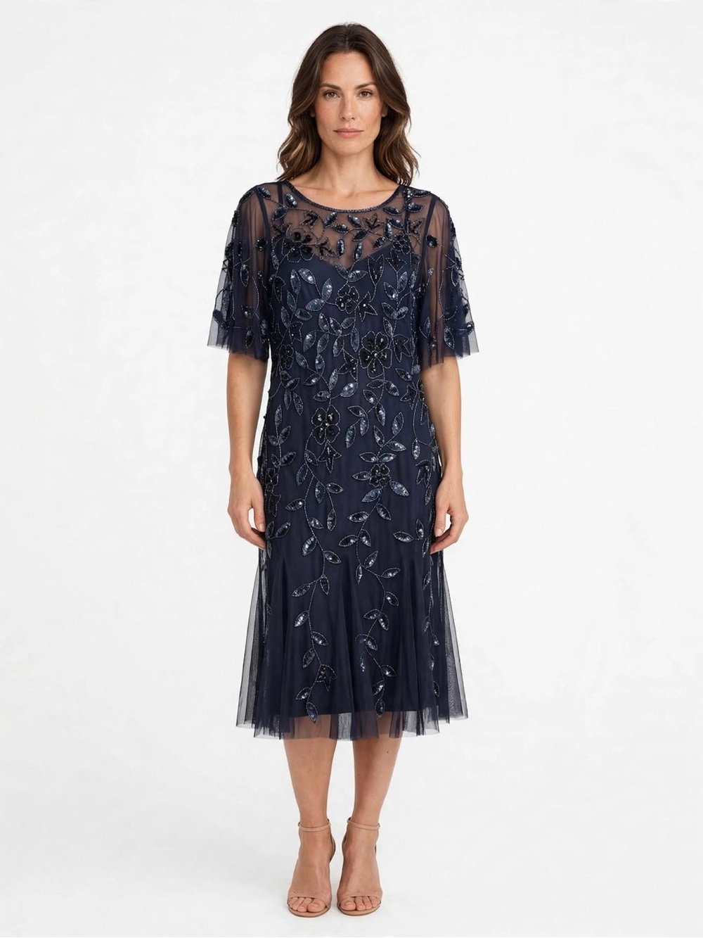 Adrianna Patell Twilight Beaded Midi Dress NWT Sz 12 $279 Flutter Sleeve Formal